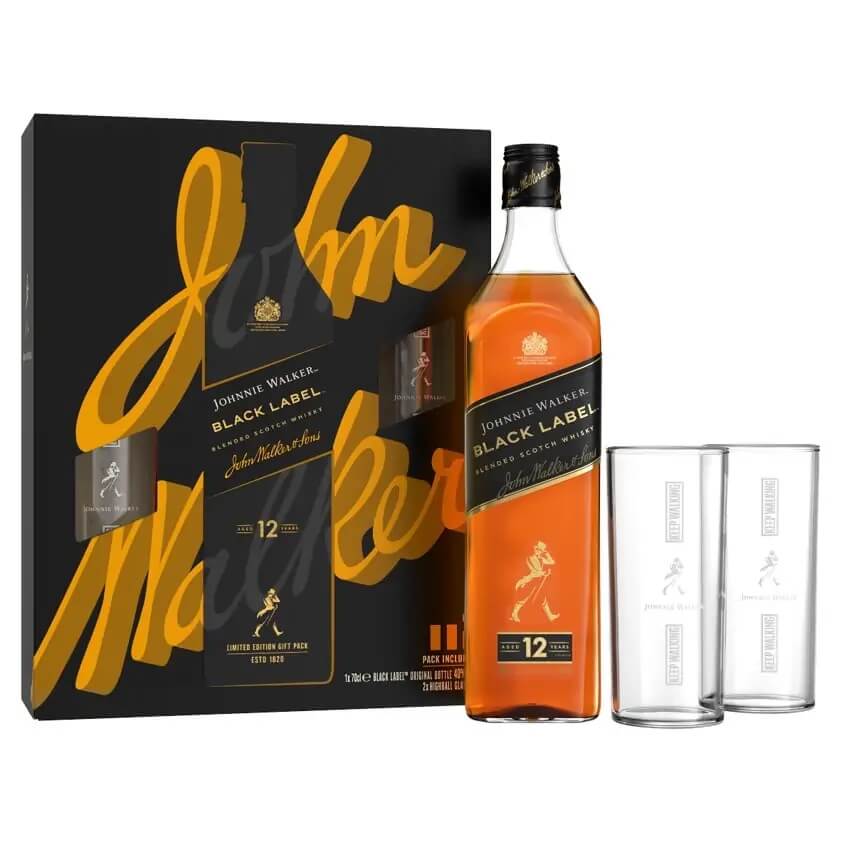 Уиски Johnnie Walker 12-годишен Черен Етикет с 2 Високи Чаши - 0.7л.