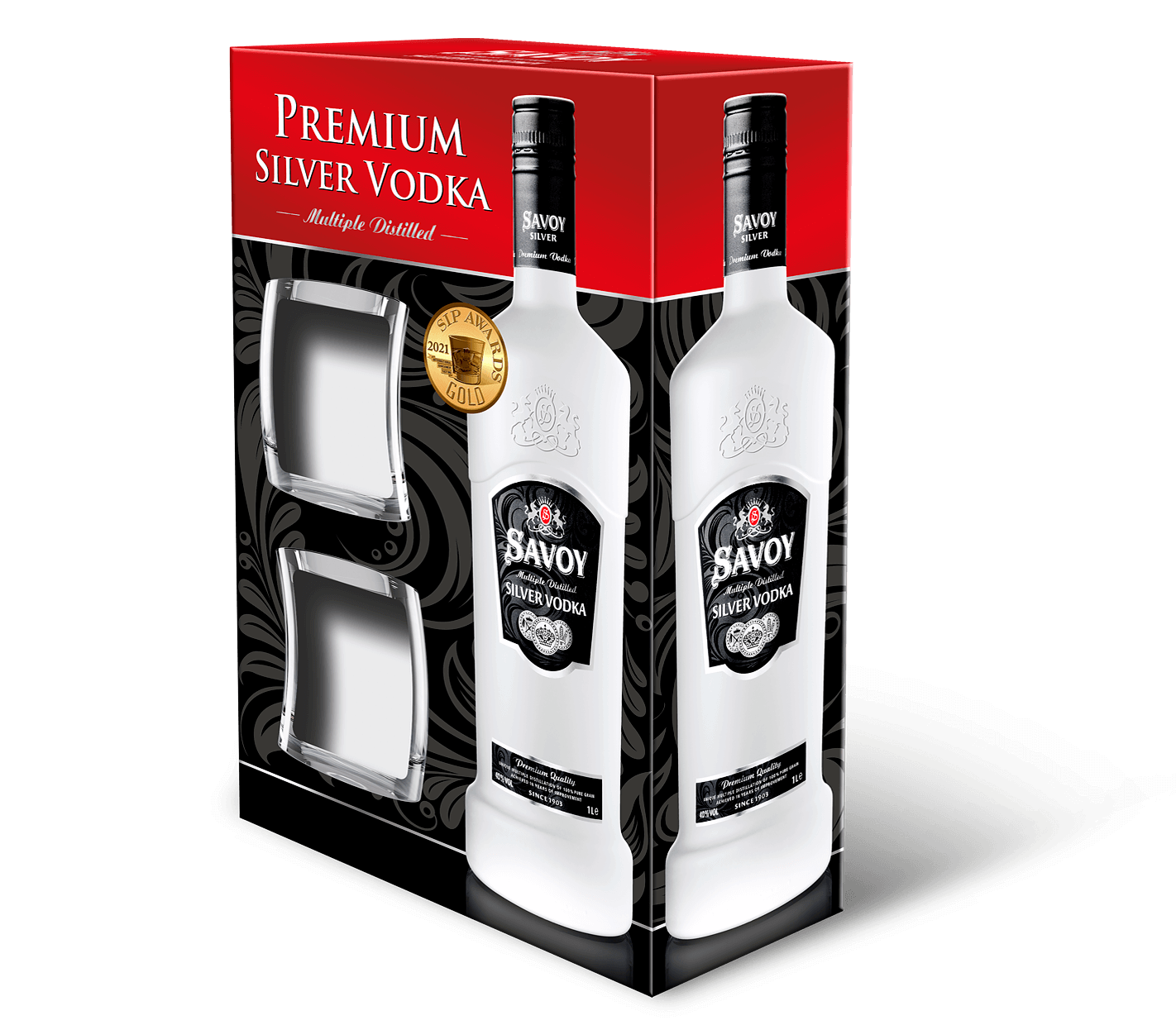 Водка Савой Силвър Лукс - 1л. + 2 Чаши
